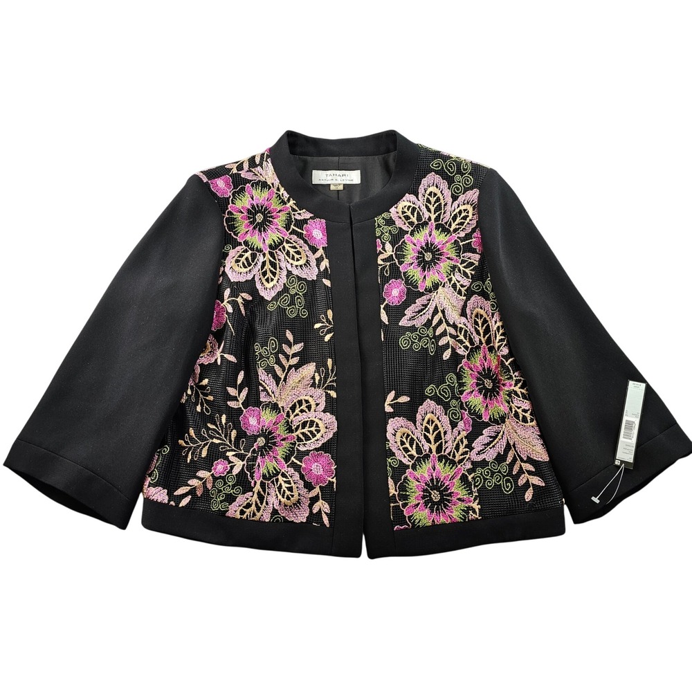 Tahari Arthur Short Jacket Women's 14 Black Levine Floral Embroidered Hook & Eye